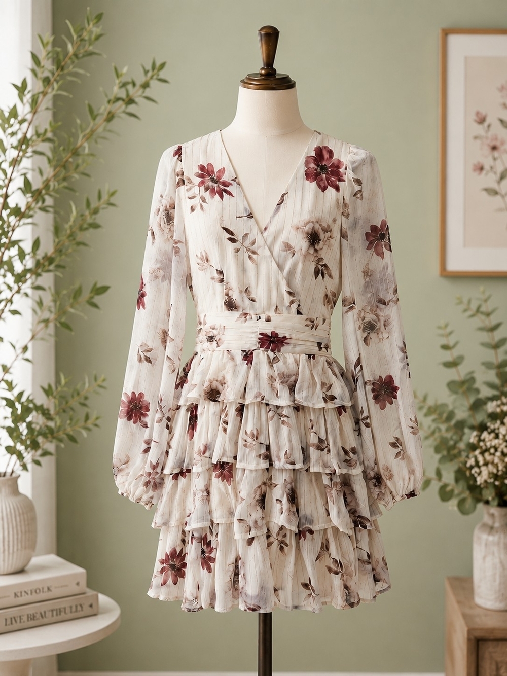 In February Floral Tiered Ruffle Dress Small Cottagecore Romantic Sheer Sleeves